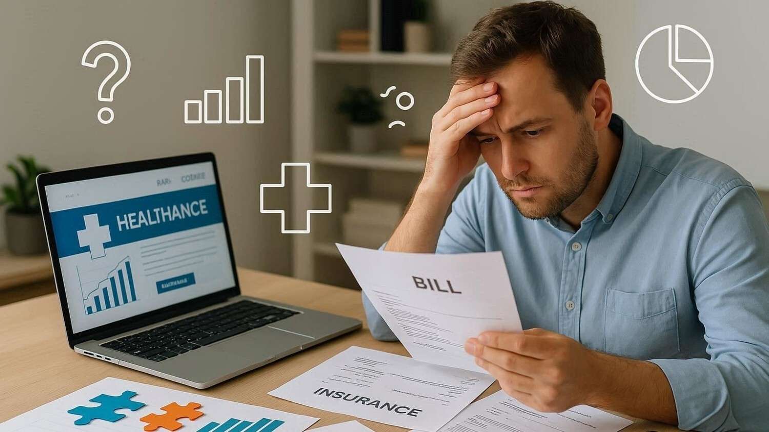 Top 10 Mistakes People Make When Choosing Health Insurance in the USA – person reviewing health insurance options, bills, and medications on a laptop and desk, highlighting common pitfalls like low premiums and out-of-network doctors