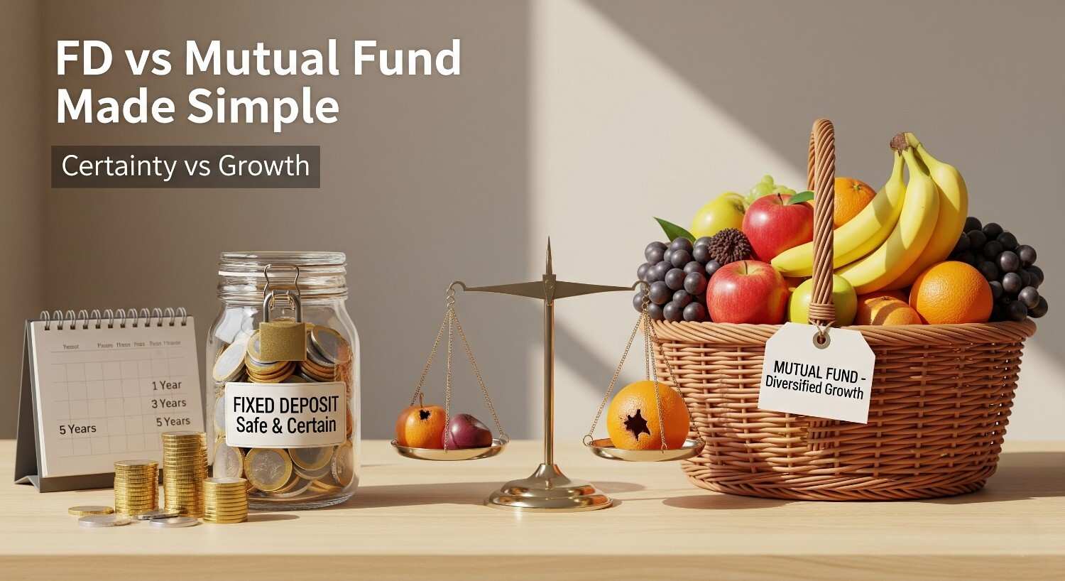 A young professional sitting at a table with a cup of chai, looking thoughtful while comparing options between Fixed Deposits and Mutual Funds on a laptop, symbolizing the confusion and decision-making about safe vs. higher returns investments.