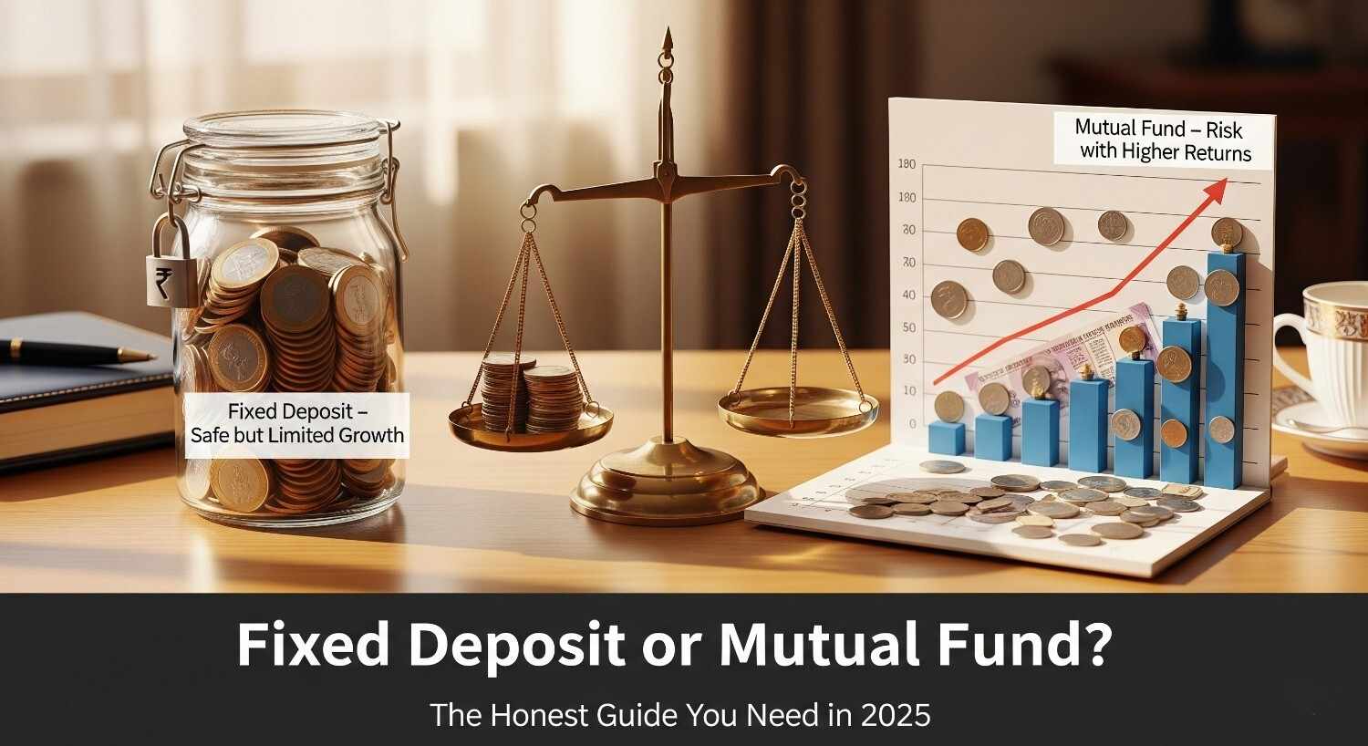 A young professional sitting at a table with a cup of chai, looking thoughtful while comparing options between Fixed Deposits and Mutual Funds on a laptop, symbolizing the confusion and decision-making about safe vs. higher returns investments.Fixed Deposit or Mutual Fund? The Real Truth No One Tells You