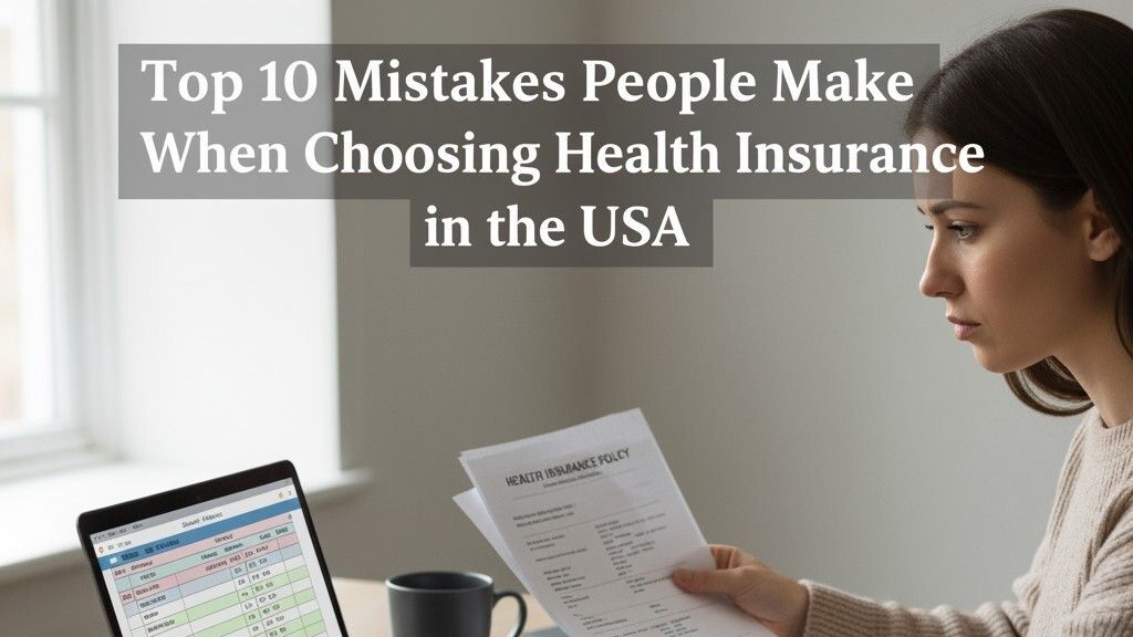 “Top 10 Mistakes People Make When Choosing Health Insurance in the USA – person reviewing health insurance options, bills, and medications on a laptop and desk, highlighting common pitfalls like low premiums and out-of-network doctors.