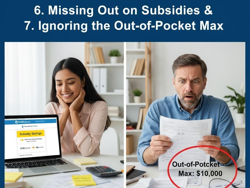 Top 10 Mistakes People Make When Choosing Health Insurance in the USA – person reviewing health insurance options, bills, and medications on a laptop and desk, highlighting common pitfalls like low premiums and out-of-network doctors