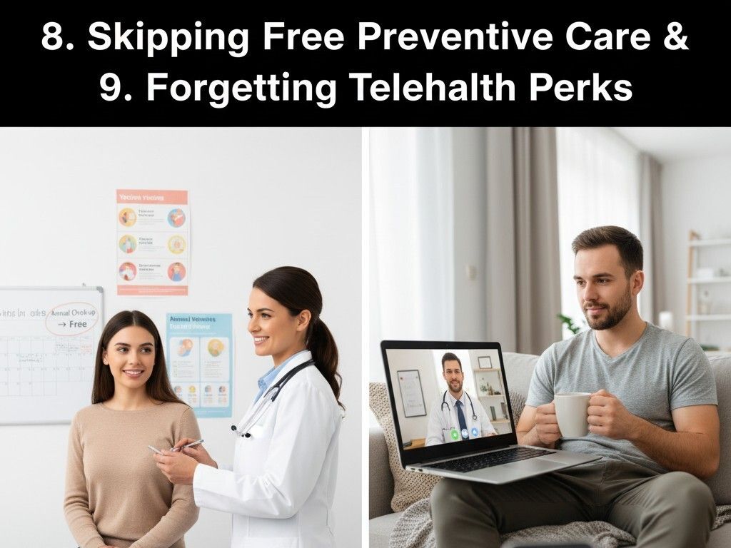 Top 10 Mistakes People Make When Choosing Health Insurance in the USA – person reviewing health insurance options, bills, and medications on a laptop and desk, highlighting common pitfalls like low premiums and out-of-network doctors