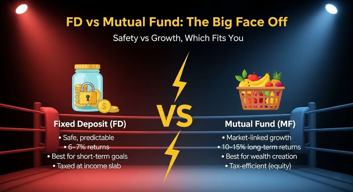 A young professional sitting at a table with a cup of chai, looking thoughtful while comparing options between Fixed Deposits and Mutual Funds on a laptop, symbolizing the confusion and decision-making about safe vs. higher returns investments.