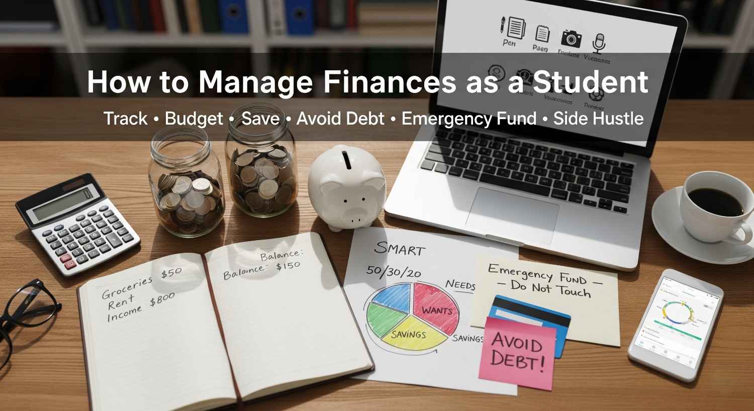 College student managing personal finances with notebook and laptop