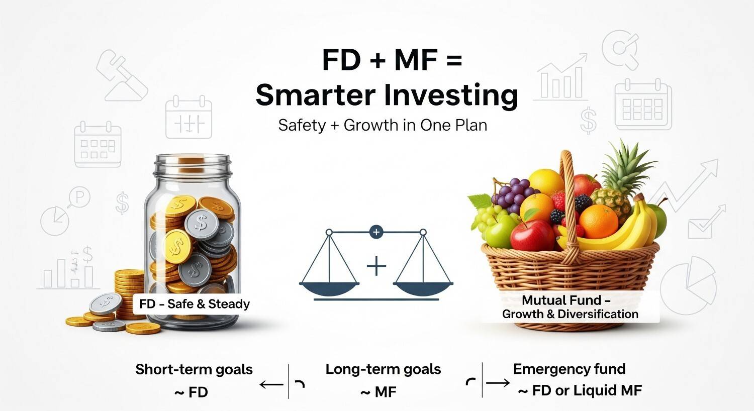A young professional sitting at a table with a cup of chai, looking thoughtful while comparing options between Fixed Deposits and Mutual Funds on a laptop, symbolizing the confusion and decision-making about safe vs. higher returns investments.