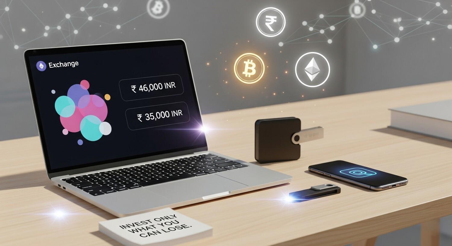 Step-by-step guide for beginners investing in crypto in 2025, showing a person learning about exchanges, hot and cold wallets, and making their first crypto purchase using dollar-cost averaging, emphasizing safety, understanding, and slow growth.