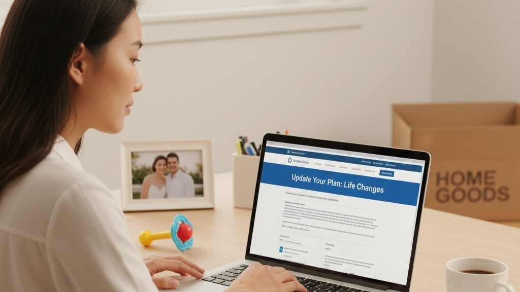 Top 10 Mistakes People Make When Choosing Health Insurance in the USA – person reviewing health insurance options, bills, and medications on a laptop and desk, highlighting common pitfalls like low premiums and out-of-network doctors