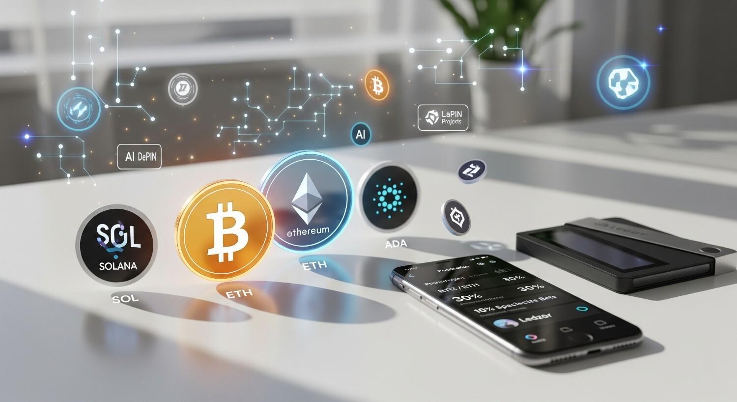 Step-by-step guide for beginners investing in crypto in 2025, showing a person learning about exchanges, hot and cold wallets, and making their first crypto purchase using dollar-cost averaging, emphasizing safety, understanding, and slow growth.