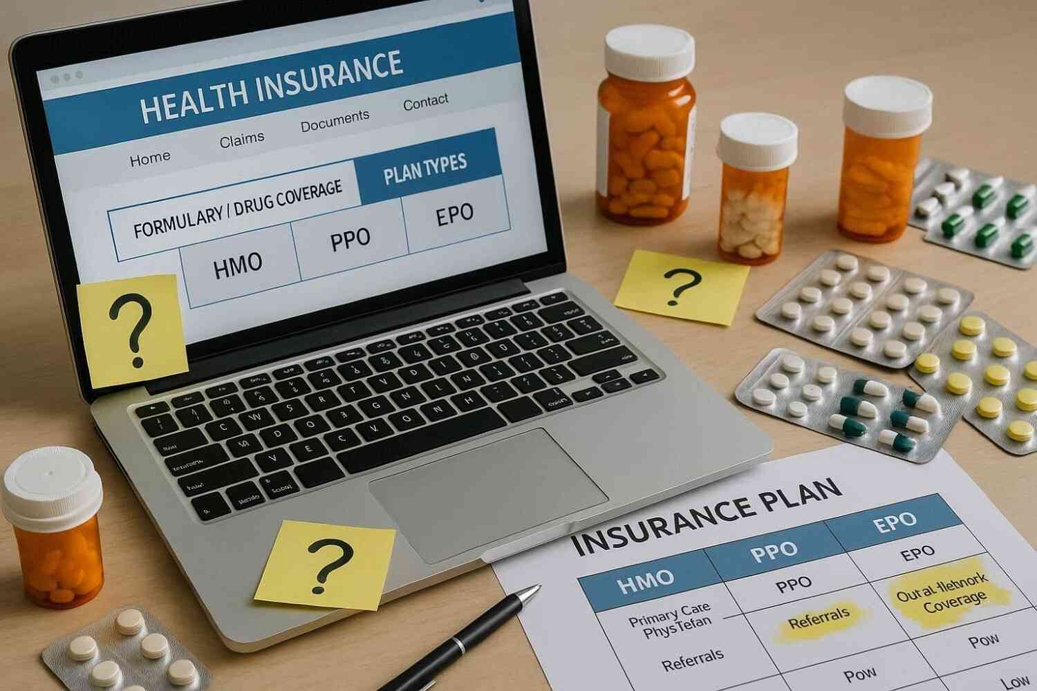 Top 10 Mistakes People Make When Choosing Health Insurance in the USA – person reviewing health insurance options, bills, and medications on a laptop and desk, highlighting common pitfalls like low premiums and out-of-network doctors