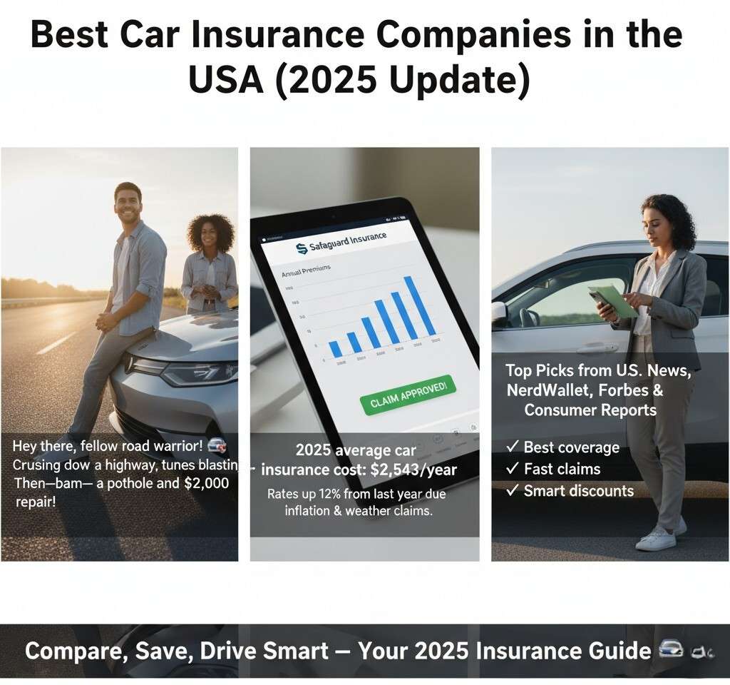 Top 10 best car insurance companies in the USA 2025 update, showing Travelers, USAA, State Farm, GEICO, Progressive, Allstate, Erie, Amica, American Family, Auto-Owners, with premiums, discounts, and coverage highlights