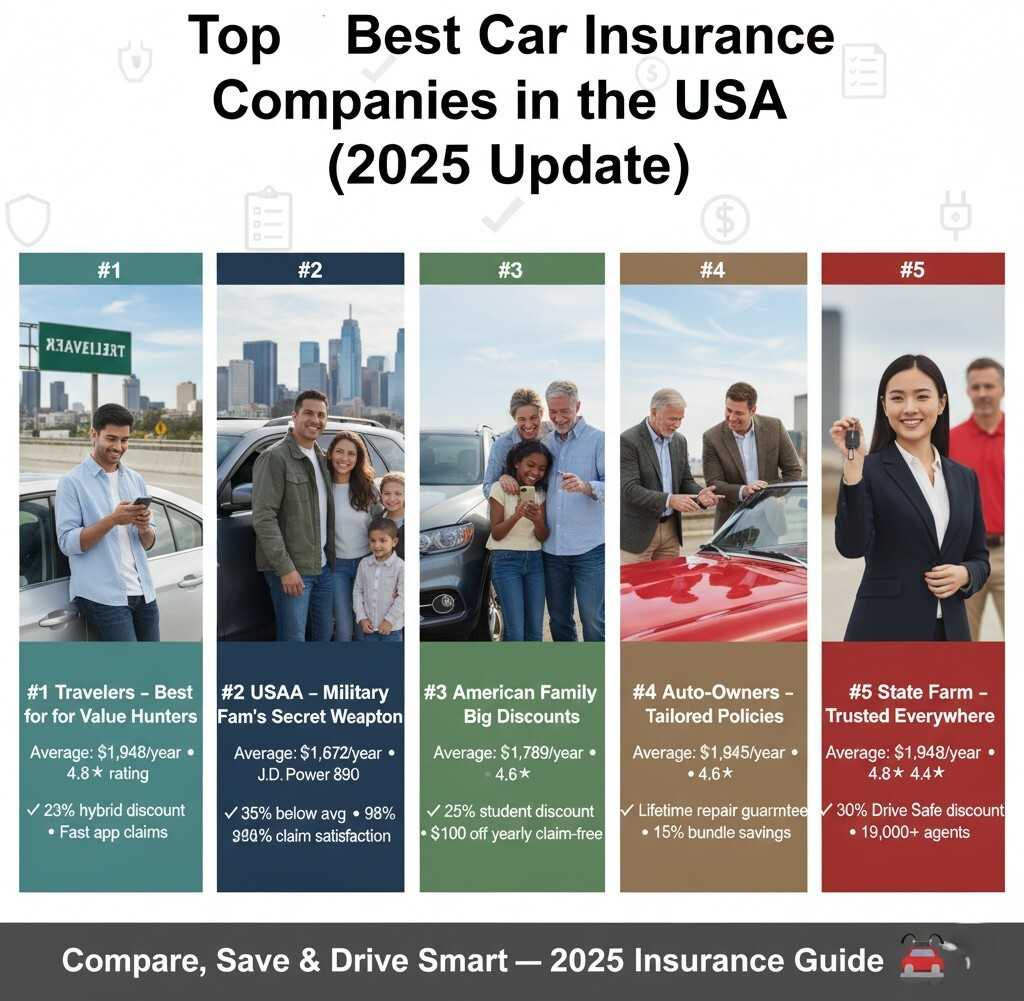 Top 10 best car insurance companies in the USA 2025 update, showing Travelers, USAA, State Farm, GEICO, Progressive, Allstate, Erie, Amica, American Family, Auto-Owners, with premiums, discounts, and coverage highlights